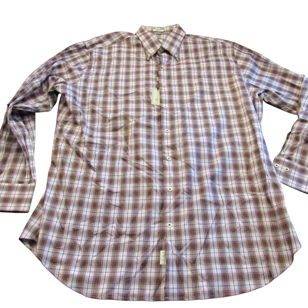 Peter Millar Mens XL Button Down Shirt Brown Pink Blue‎ Plaid 100% Cotton NWT
